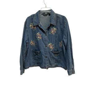 Agapo Collection Denim Jacket Women's Floral Embroidered‎ Button Up Jean Coat